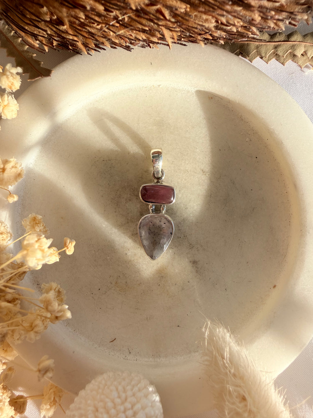 Pink Tourmaline & Super 7 Silver Pendant