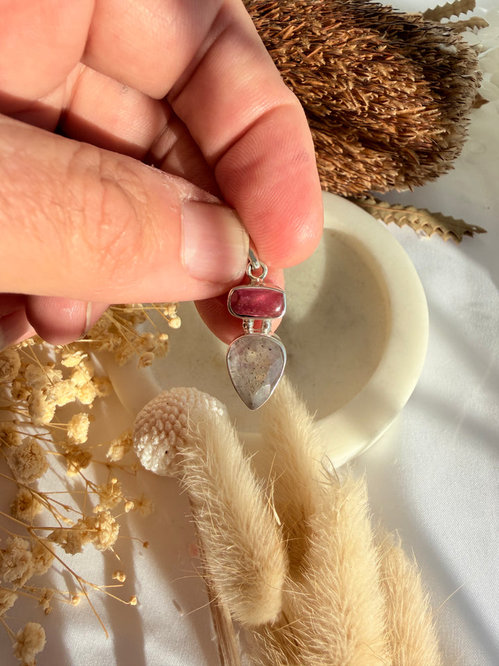 Pink Tourmaline & Super 7 Silver Pendant
