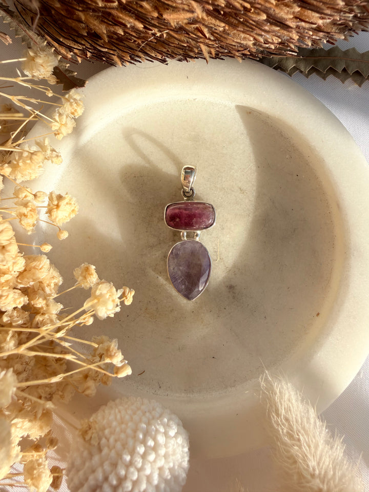 Pink Tourmaline & Super 7 Silver Pendant