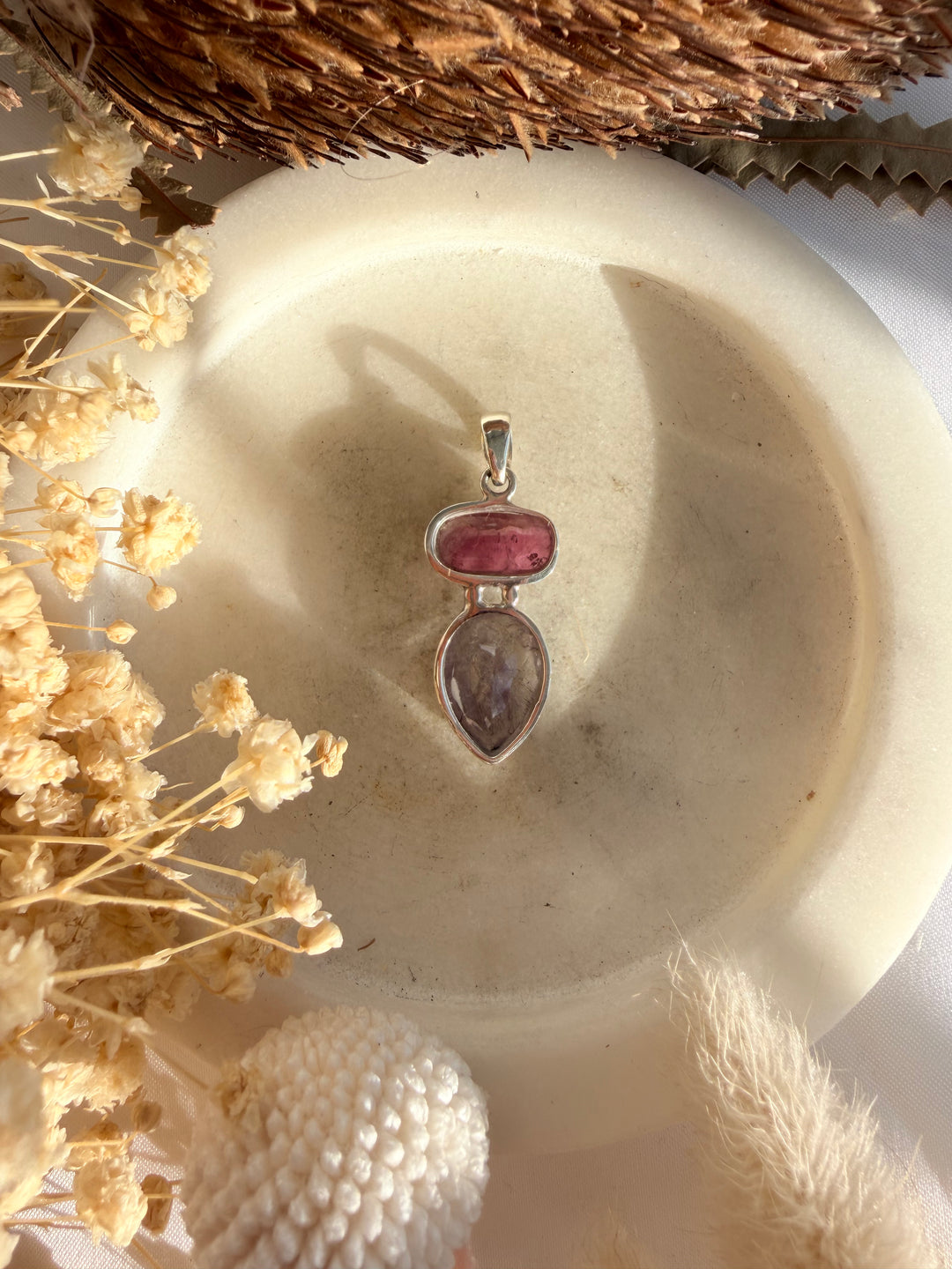Pink Tourmaline & Super 7 Silver Pendant