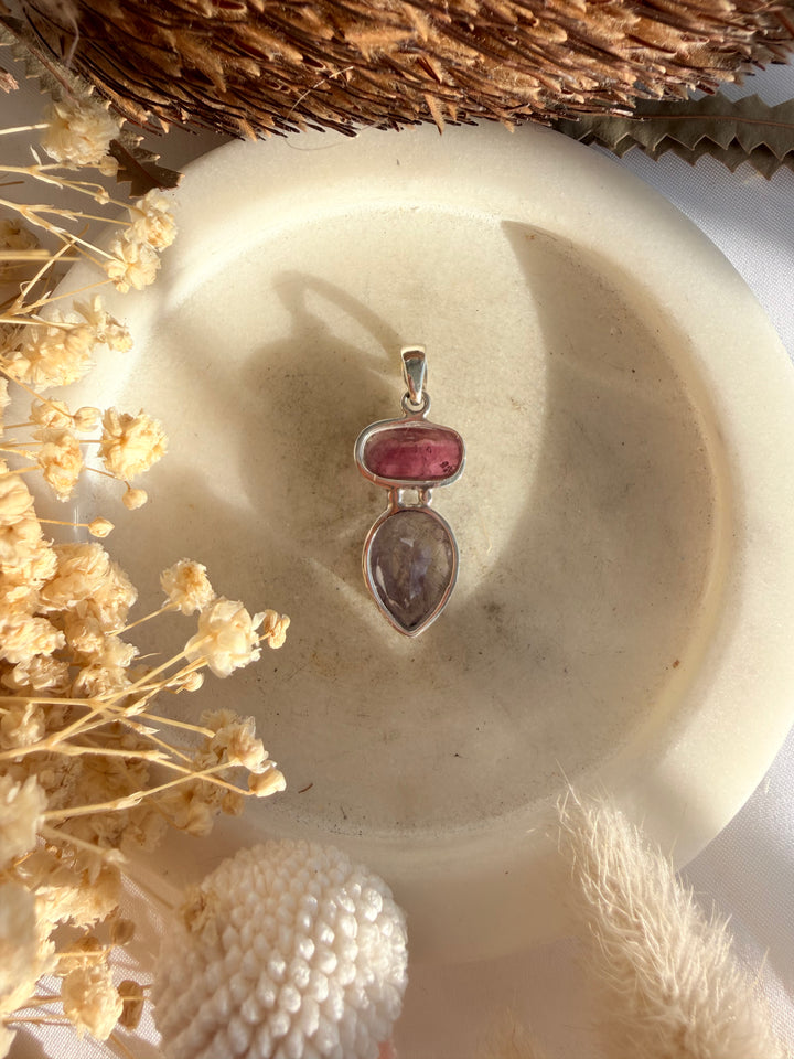 Pink Tourmaline & Super 7 Silver Pendant