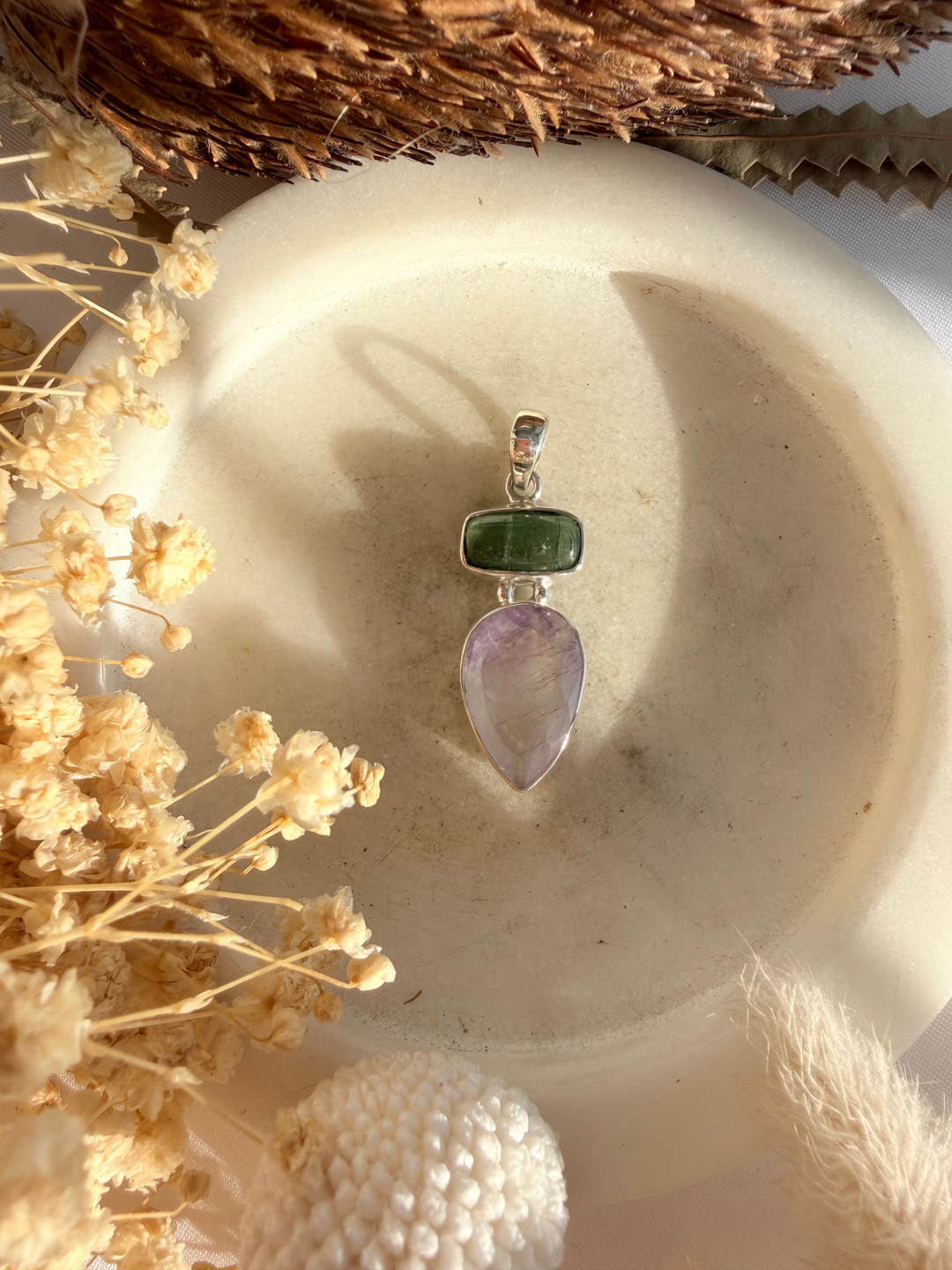 Green Tourmaline & Super 7 Silver Pendant