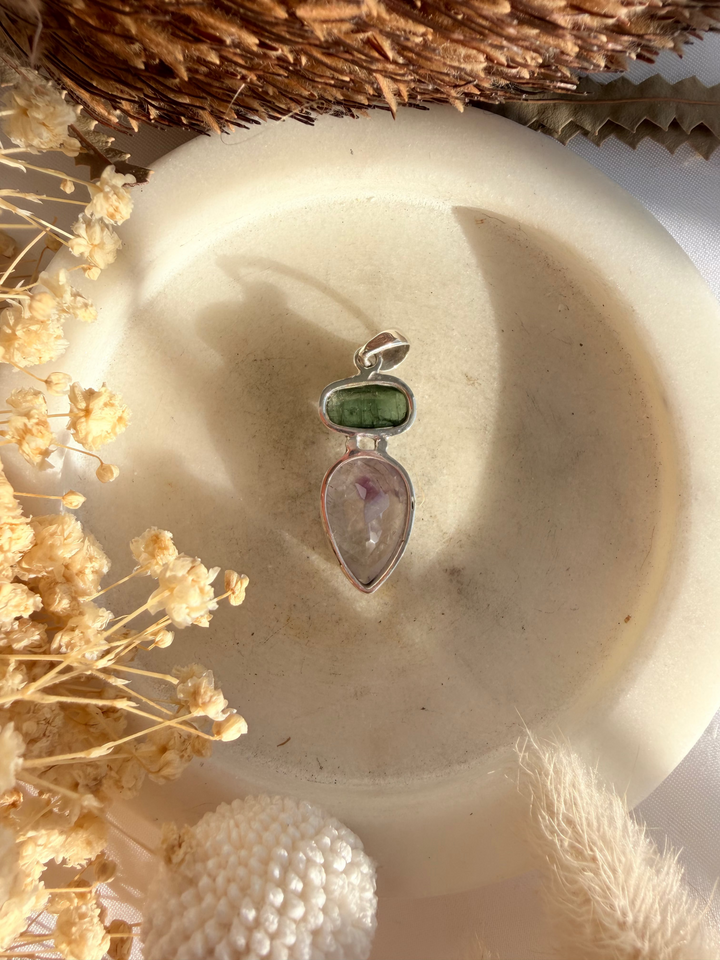 Green Tourmaline & Super 7 Silver Pendant