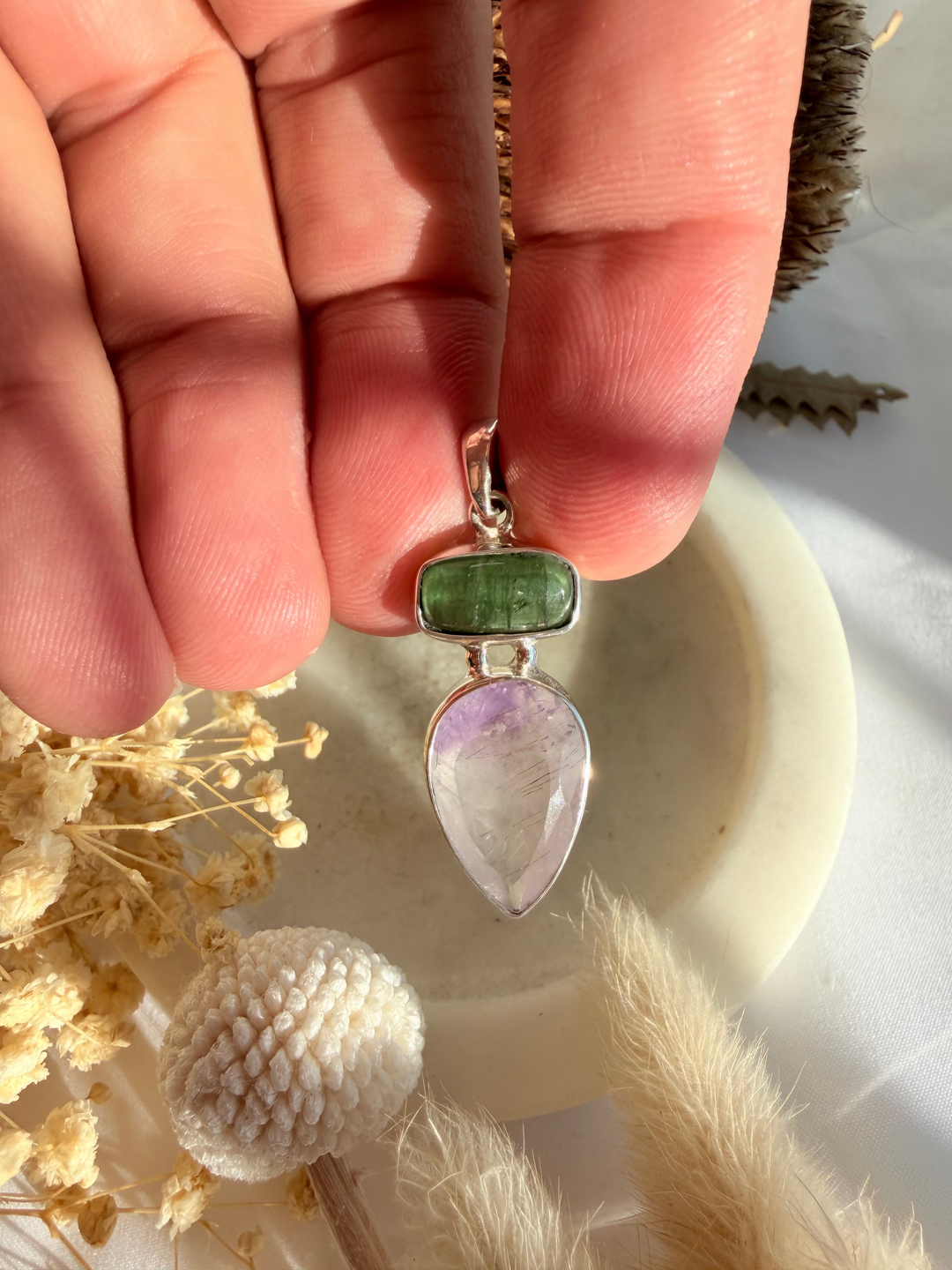 Green Tourmaline & Super 7 Silver Pendant