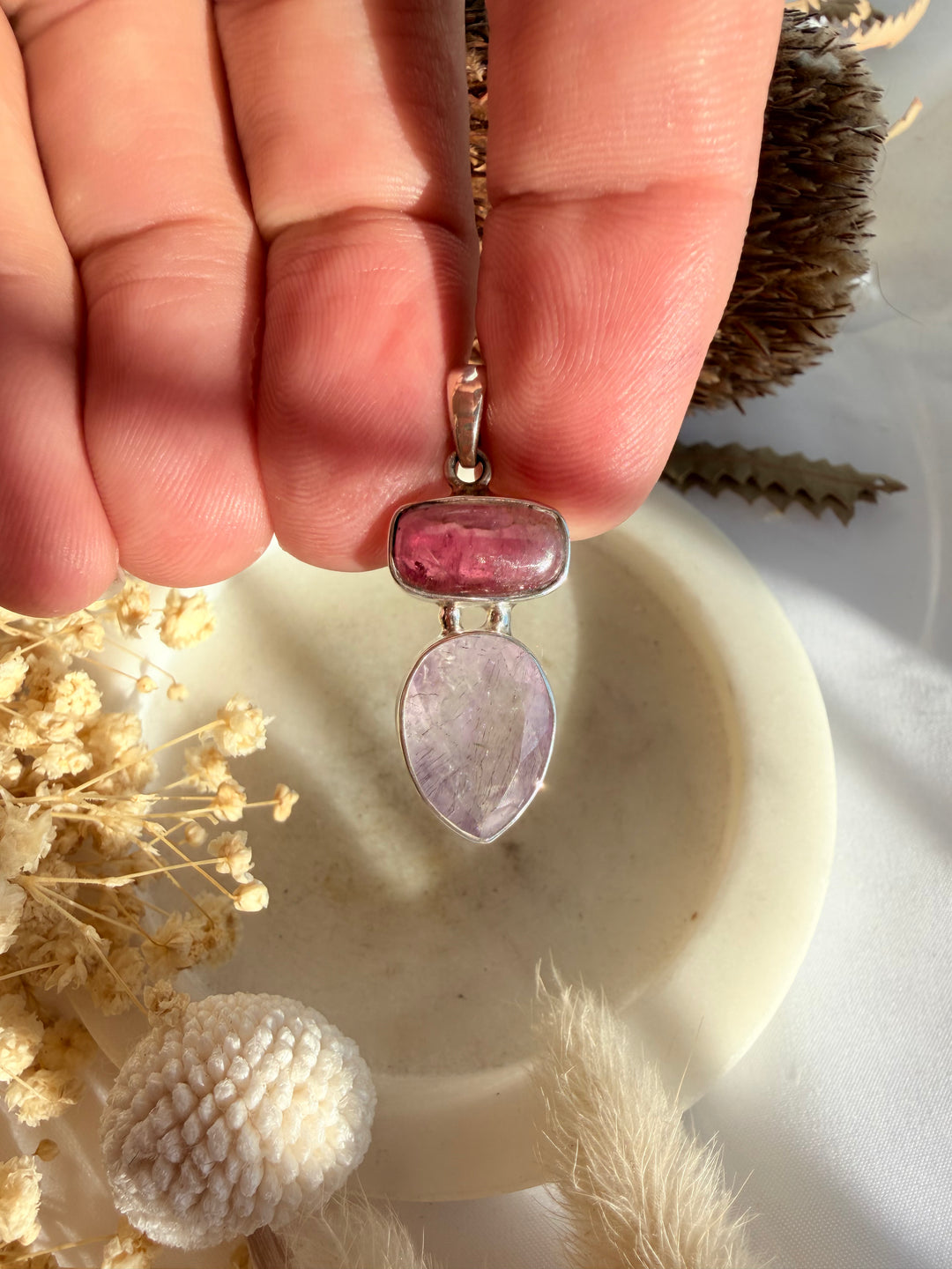 Pink Tourmaline & Super 7 Silver Pendant