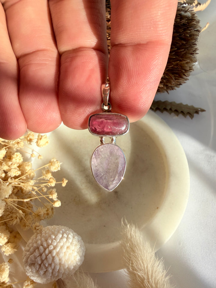 Pink Tourmaline & Super 7 Silver Pendant