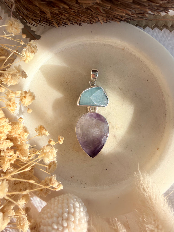 Aquamarine & Super 7 Silver Pendant