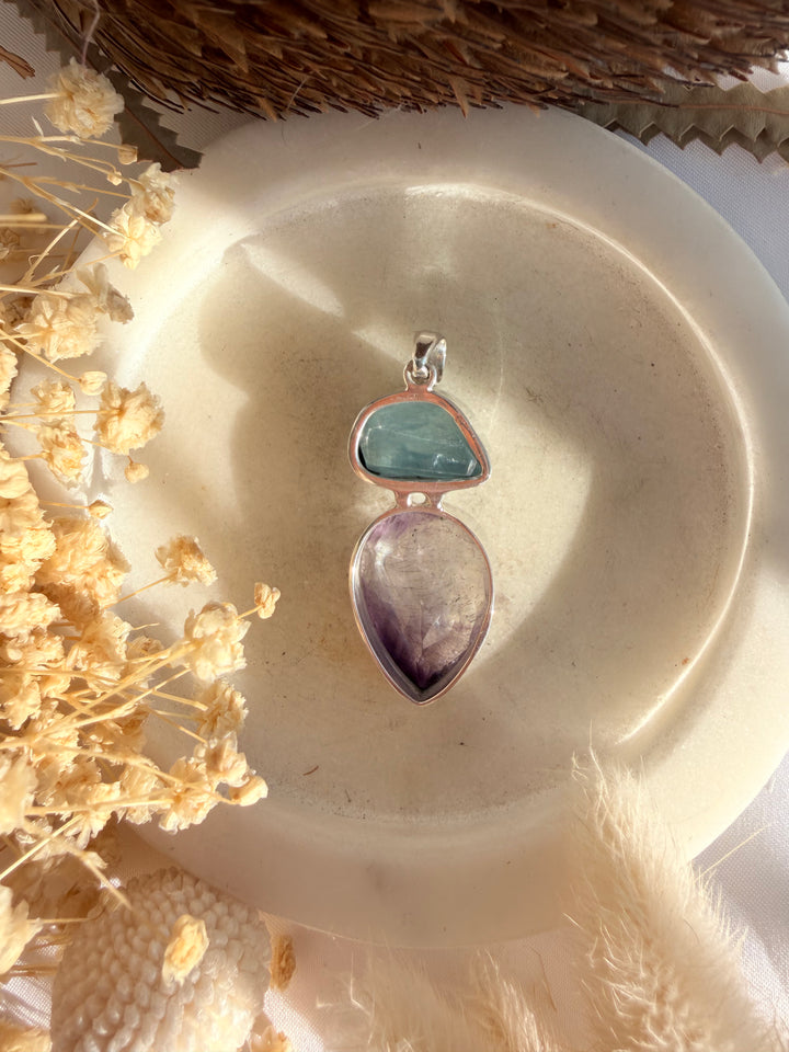 Aquamarine & Super 7 Silver Pendant