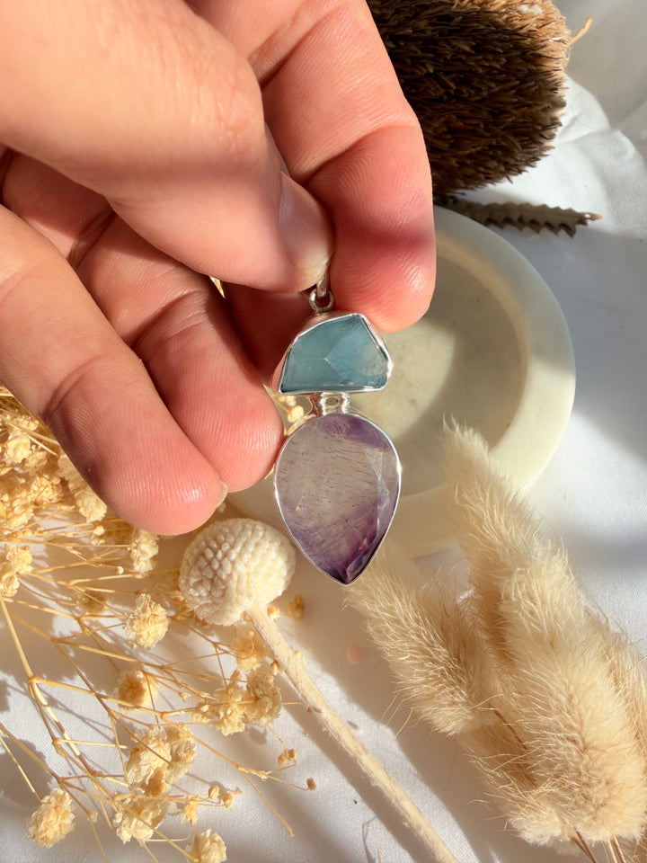 Aquamarine & Super 7 Silver Pendant