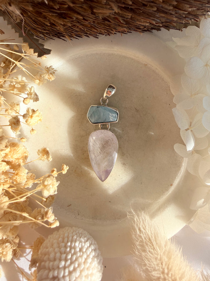 Aquamarine & Super 7 Silver Pendant