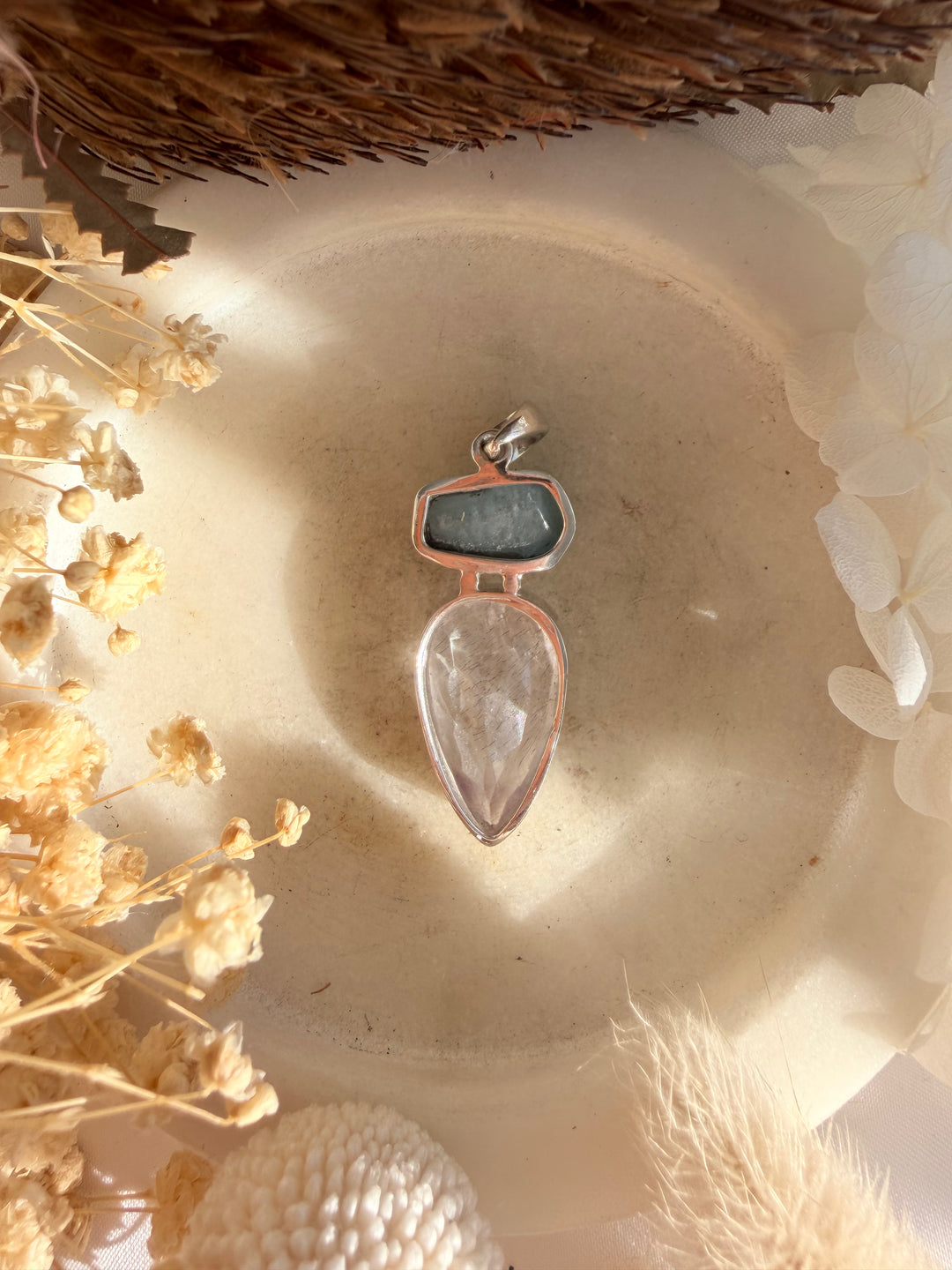Aquamarine & Super 7 Silver Pendant