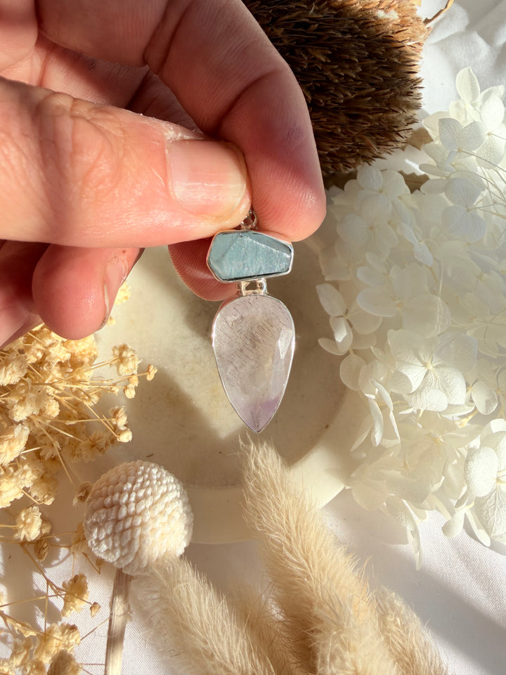 Aquamarine & Super 7 Silver Pendant