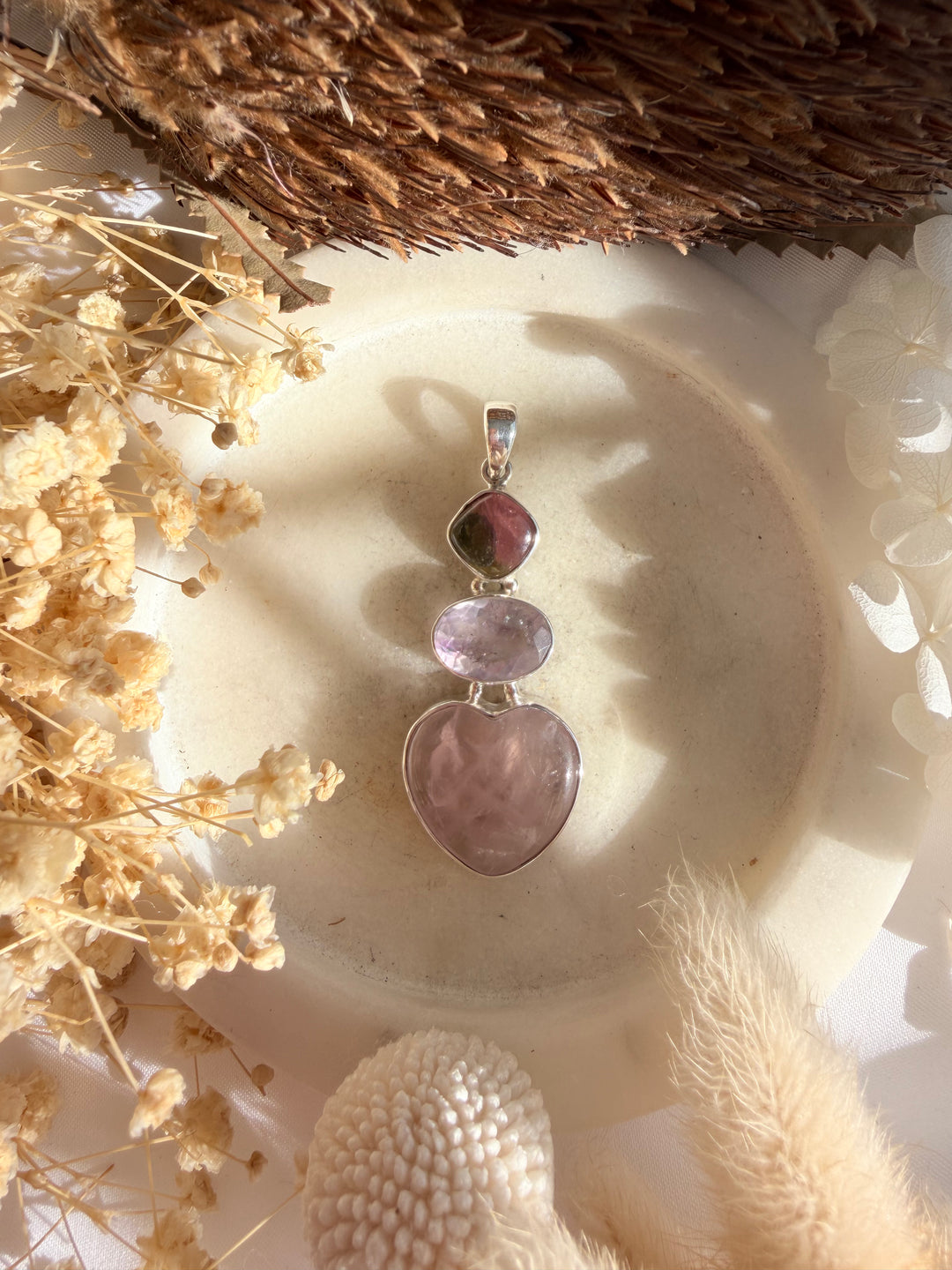 Watermelon Tourmaline, Super 7 & Rose Quartz Silver Pendant