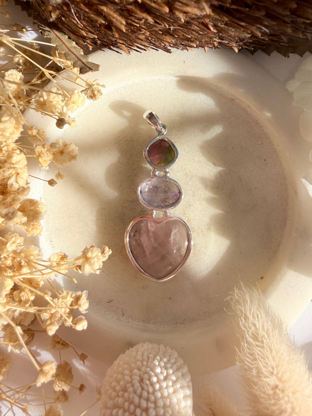 Watermelon Tourmaline, Super 7 & Rose Quartz Silver Pendant