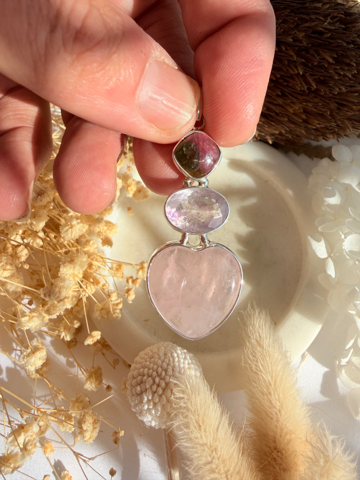 Watermelon Tourmaline, Super 7 & Rose Quartz Silver Pendant