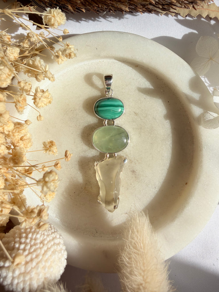 Libyan Desert Glass, Malachite & Prehnite Silver Pendant
