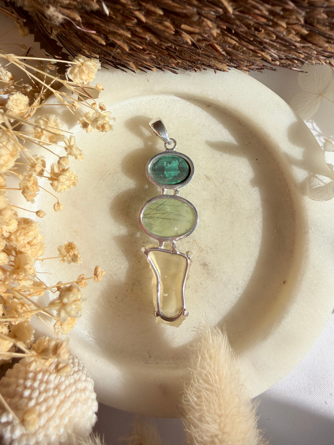 Libyan Desert Glass, Malachite & Prehnite Silver Pendant
