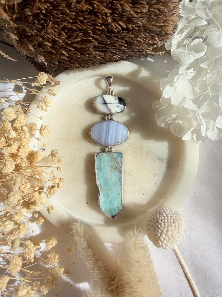Blue Aragonite, Blue Lace Agate & Merlinite Silver Pendant