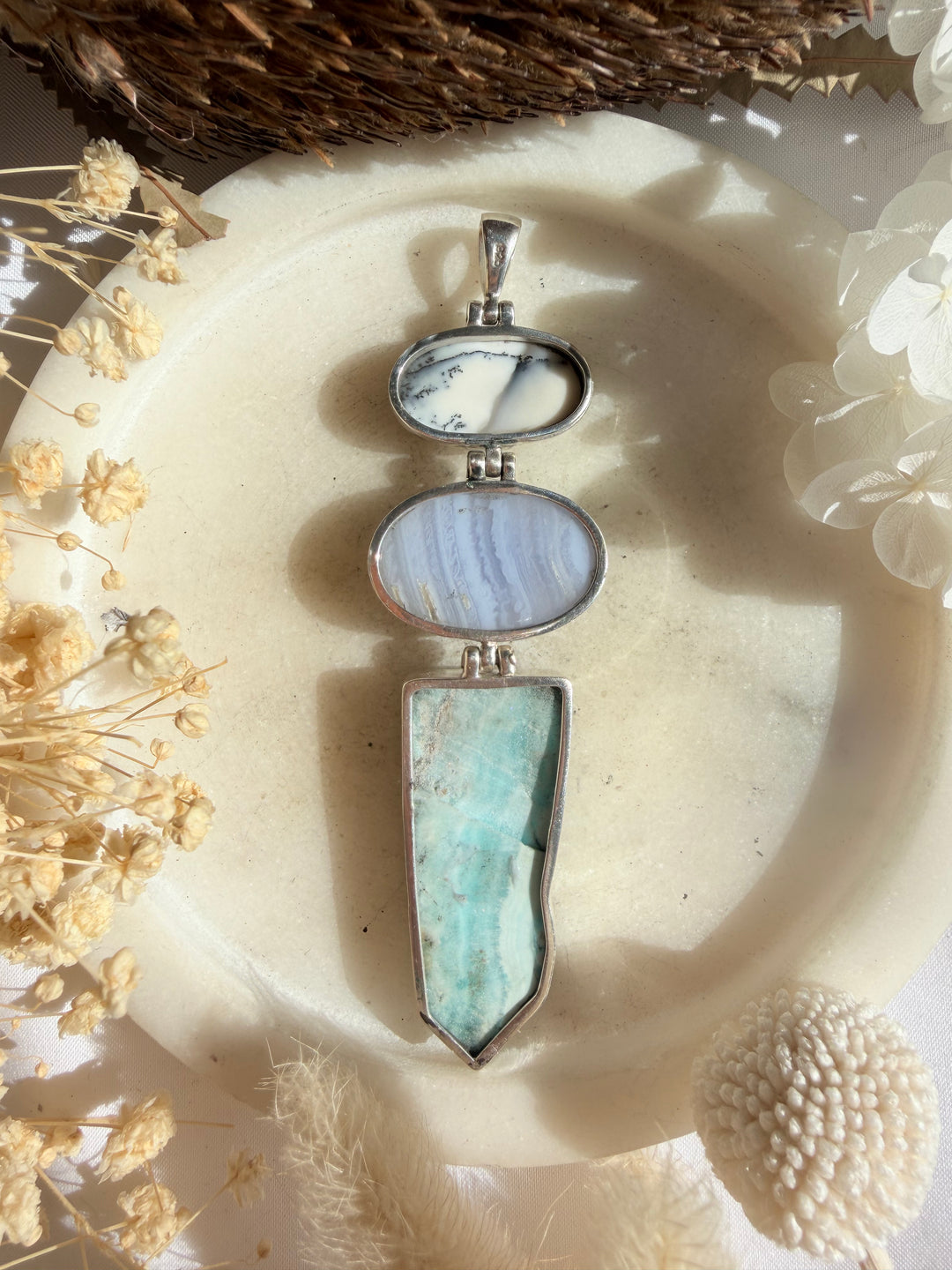 Blue Aragonite, Blue Lace Agate & Merlinite Silver Pendant