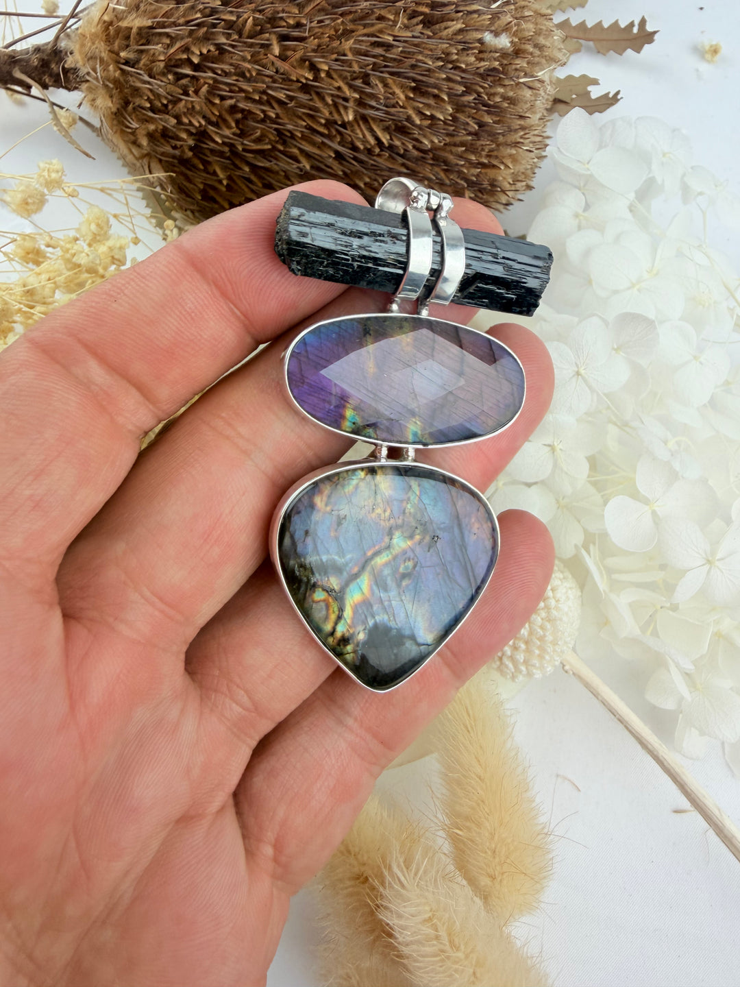 Labradorite, Pink Labradorite & Aegirine Silver Pendant