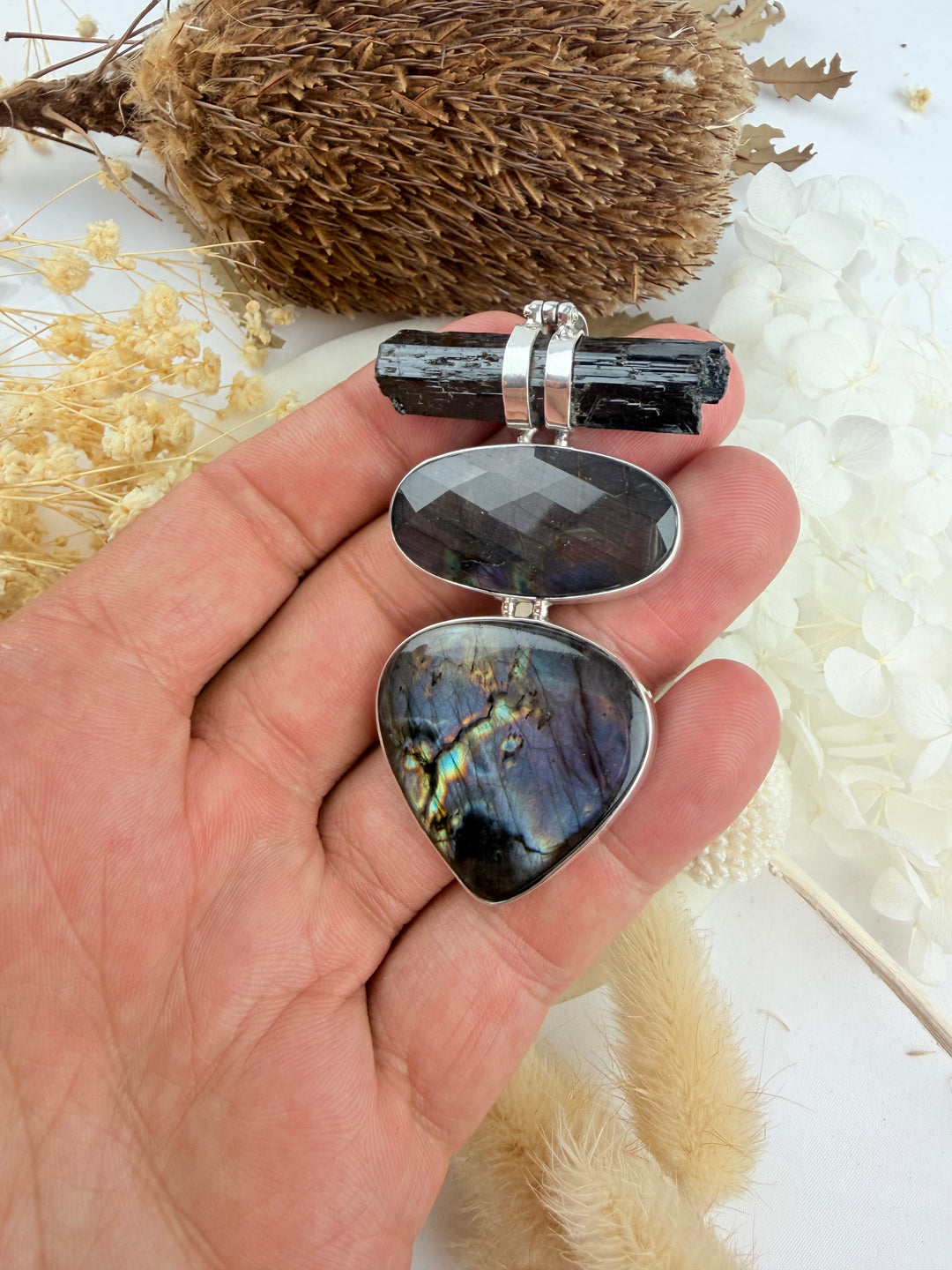 Labradorite, Pink Labradorite & Aegirine Silver Pendant