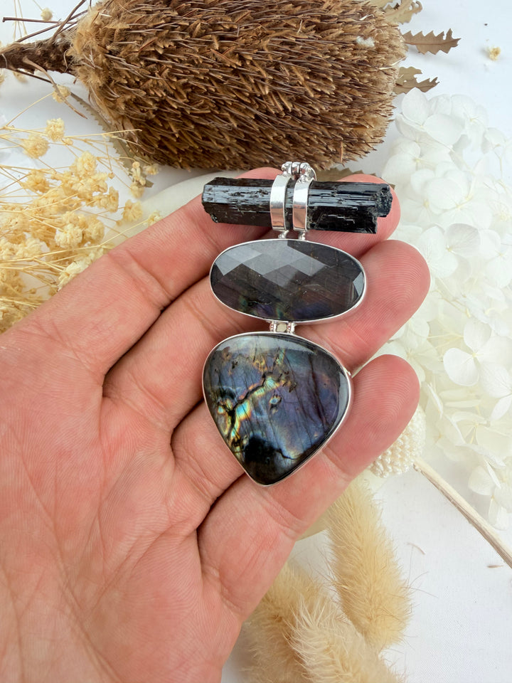 Labradorite, Pink Labradorite & Aegirine Silver Pendant