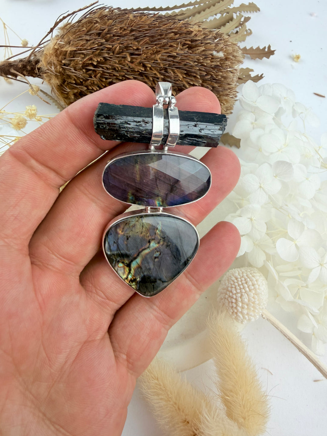 Labradorite, Pink Labradorite & Aegirine Silver Pendant