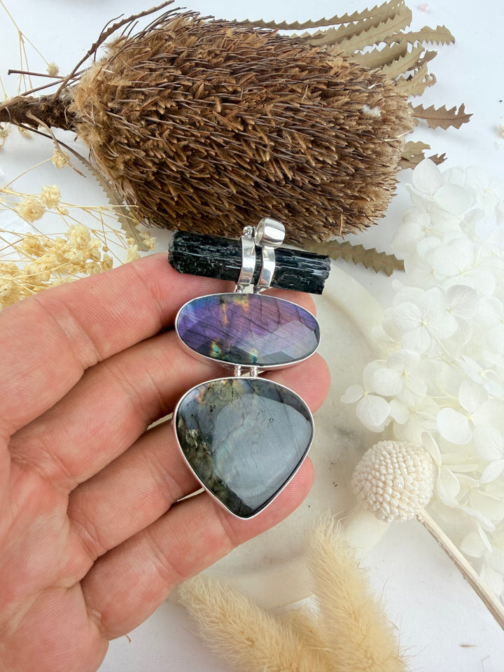 Labradorite, Pink Labradorite & Aegirine Silver Pendant