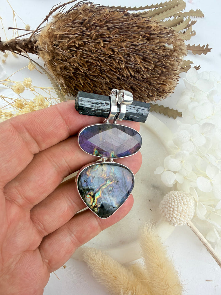 Labradorite, Pink Labradorite & Aegirine Silver Pendant