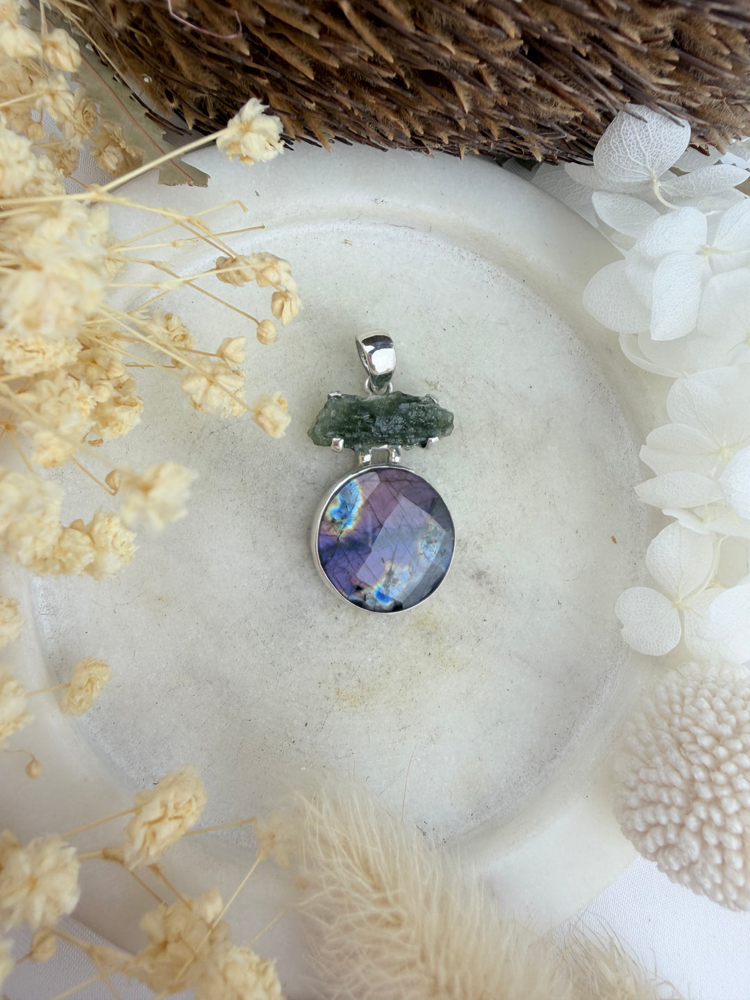 Labradorite & Moldavite Silver Pendant