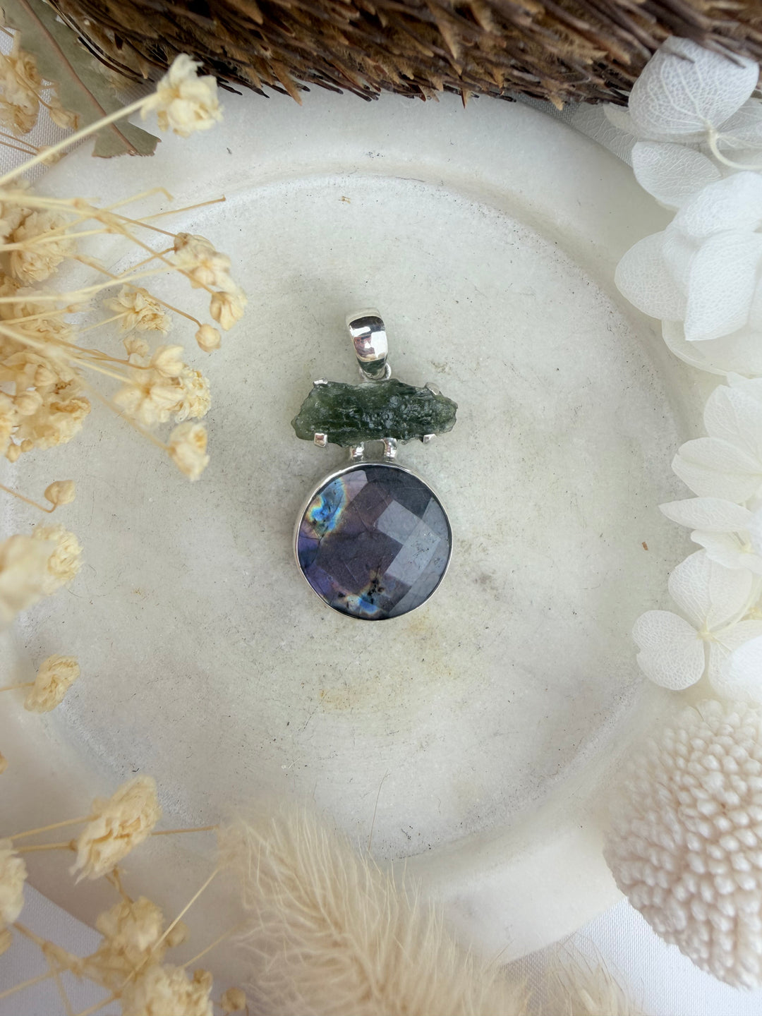 Labradorite & Moldavite Silver Pendant