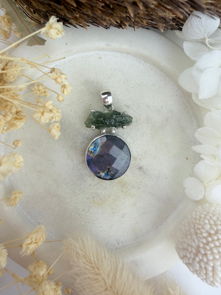 Labradorite & Moldavite Silver Pendant