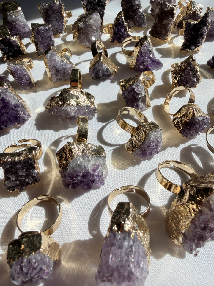 Amethyst Aura Gold Plated Adjustable Ring