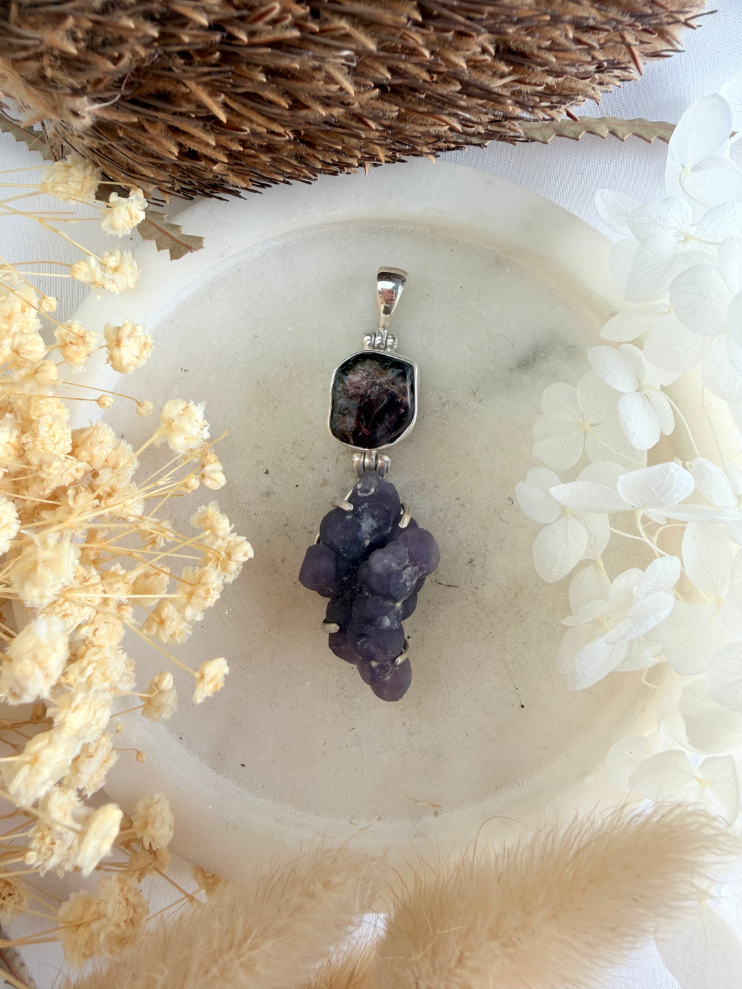 Watermelon Tourmaline & Grape Agate Silver Pendant
