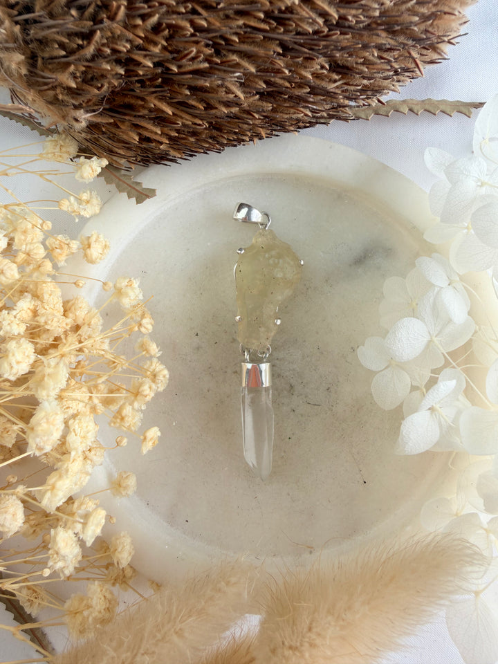 Lemurian Laser & Libyan Desert Glass Silver Pendant