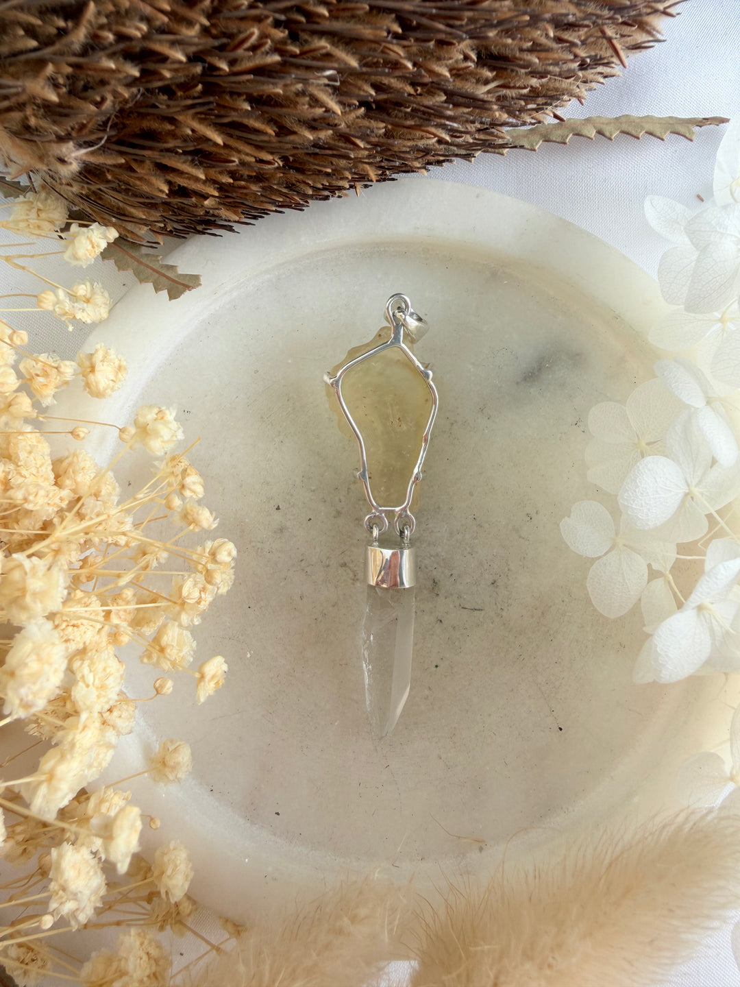 Lemurian Laser & Libyan Desert Glass Silver Pendant
