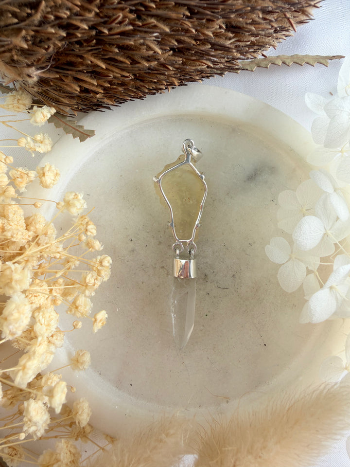 Lemurian Laser & Libyan Desert Glass Silver Pendant