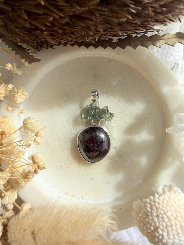 Garnet & Moldavite Silver Pendant