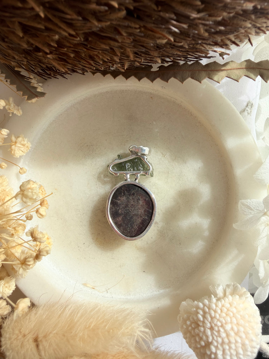 Garnet & Moldavite Silver Pendant