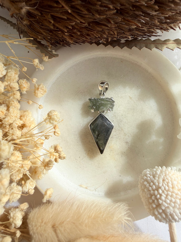 Labradorite & Moldavite Silver Pendant