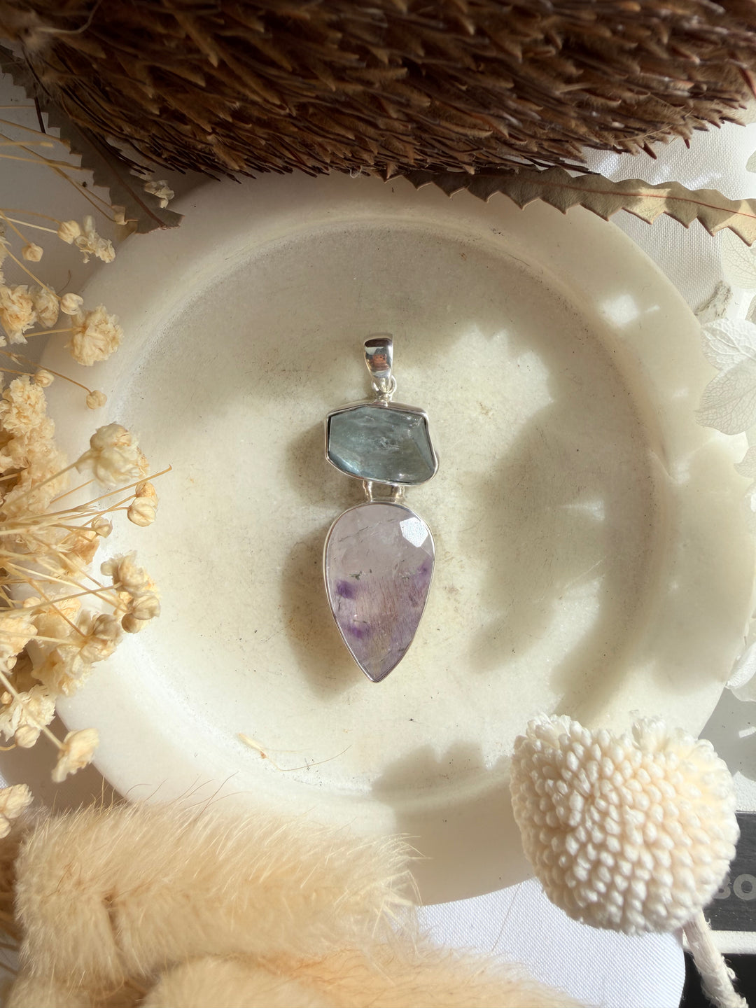 Aquamarine & Super 7 Silver Pendant