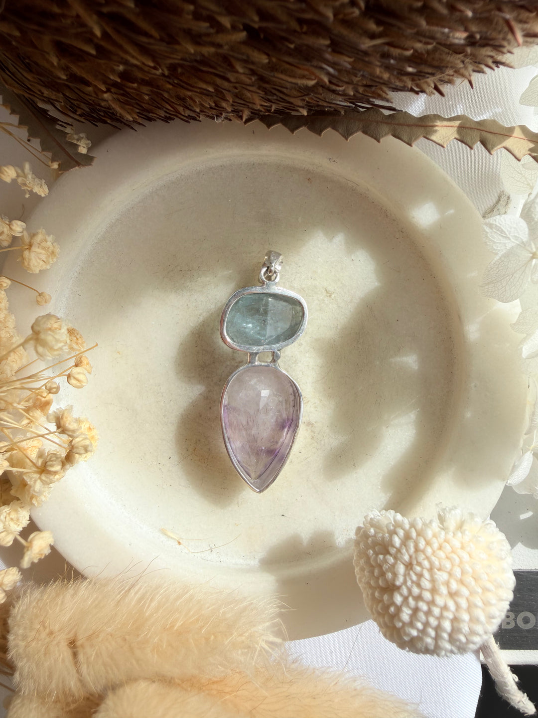 Aquamarine & Super 7 Silver Pendant
