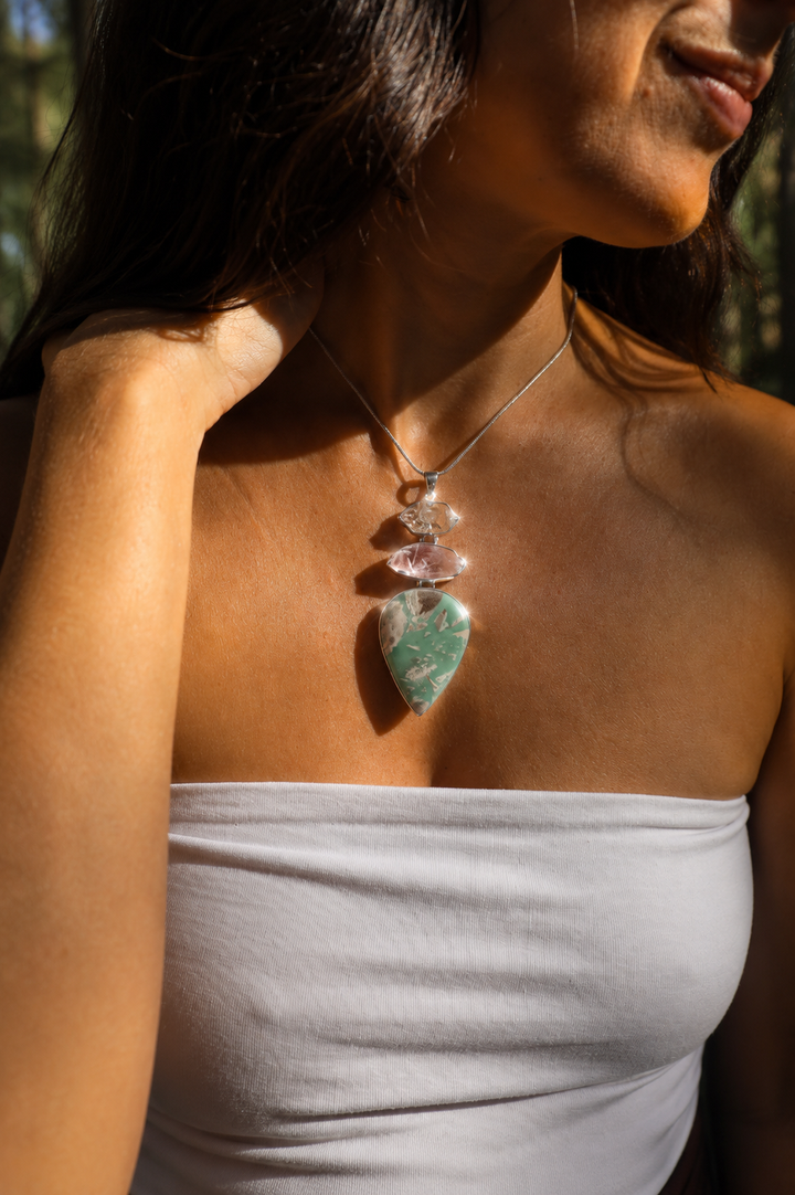 Variscite, Vera Cruz Amethyst & Herkimer Diamond Silver Pendant