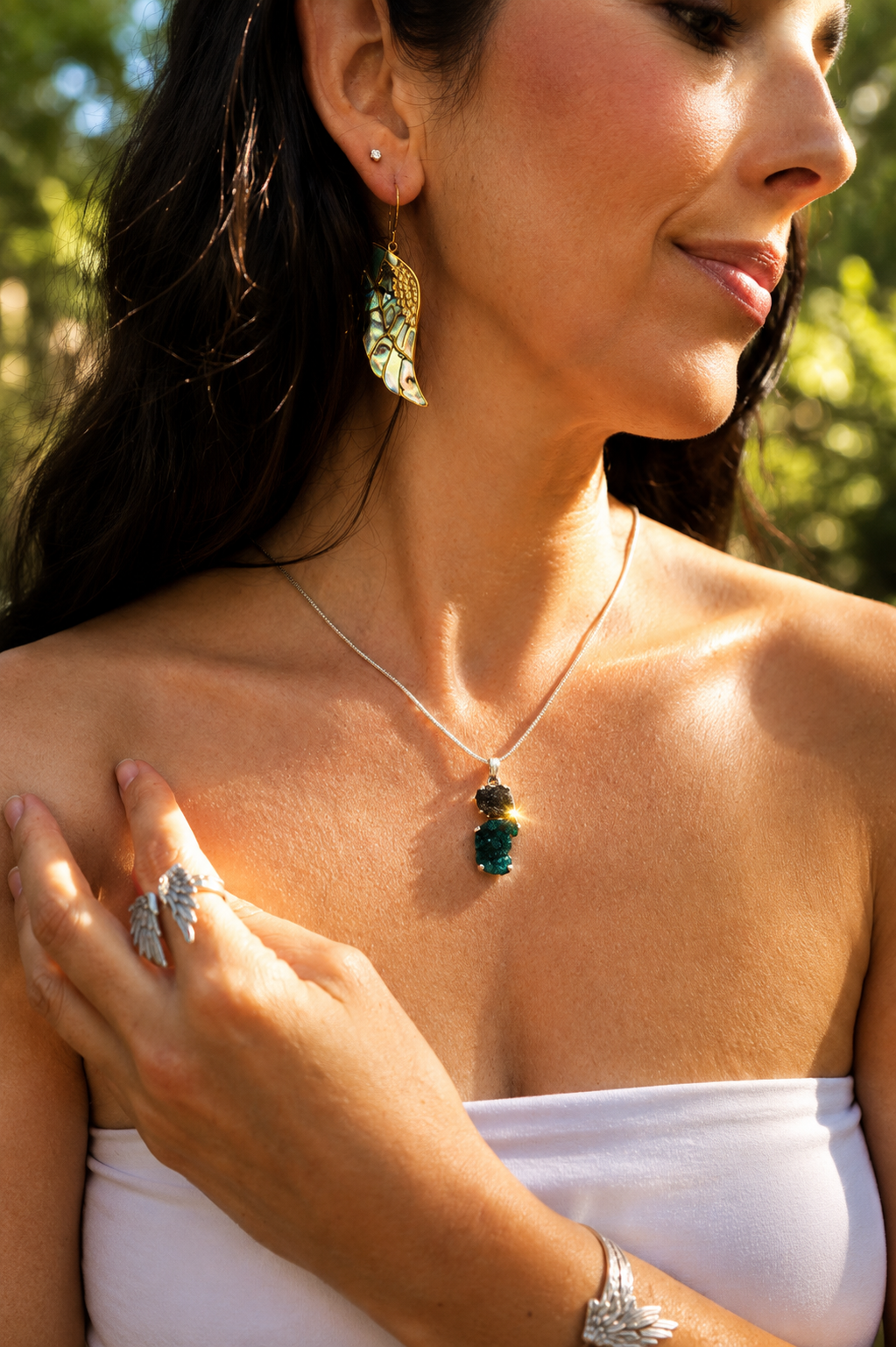 Moldavite & Dioptase Silver Pendant