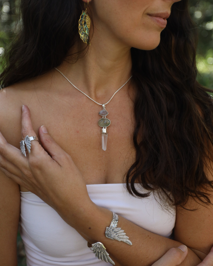 Prehnite, Herkimer Diamond & Lemurian Silver Pendant