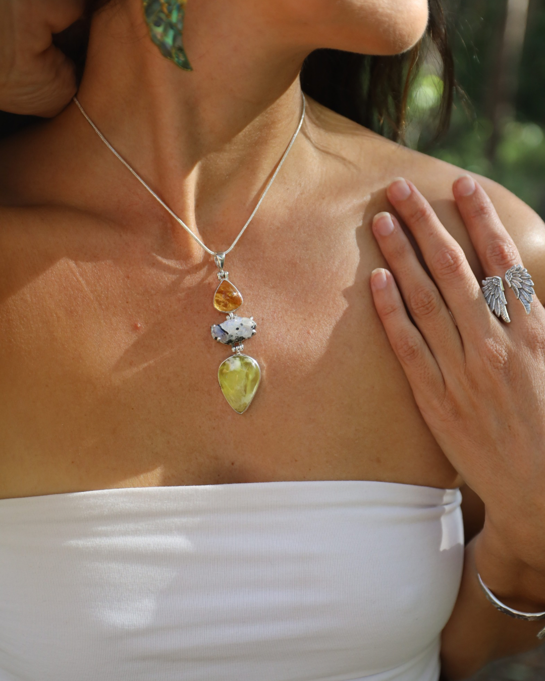 Prehnite, Rainbow Moonstone & Citrine Silver Pendant