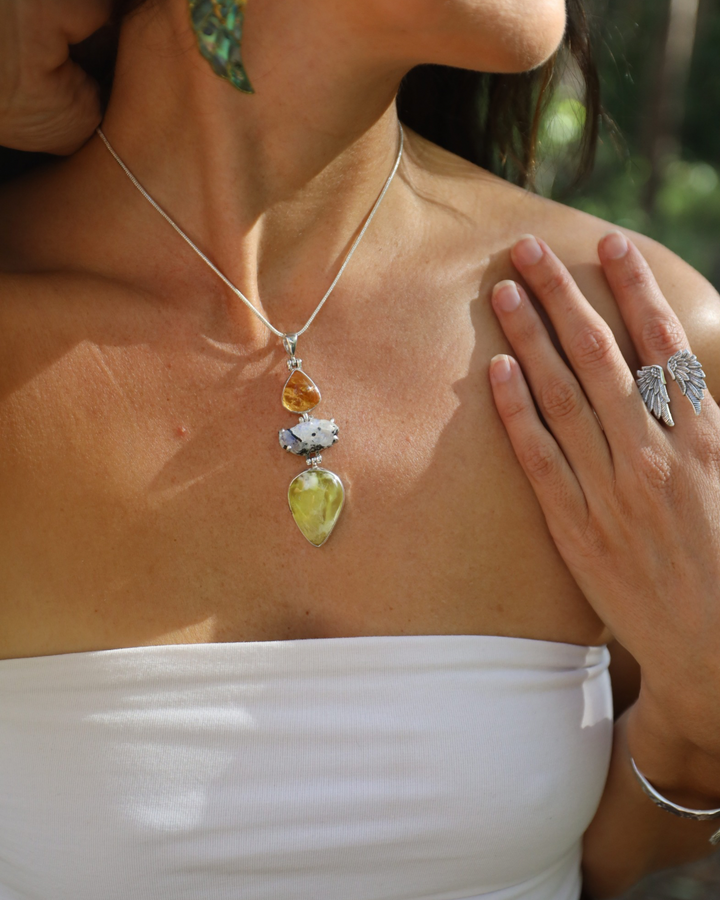 Prehnite, Rainbow Moonstone & Citrine Silver Pendant