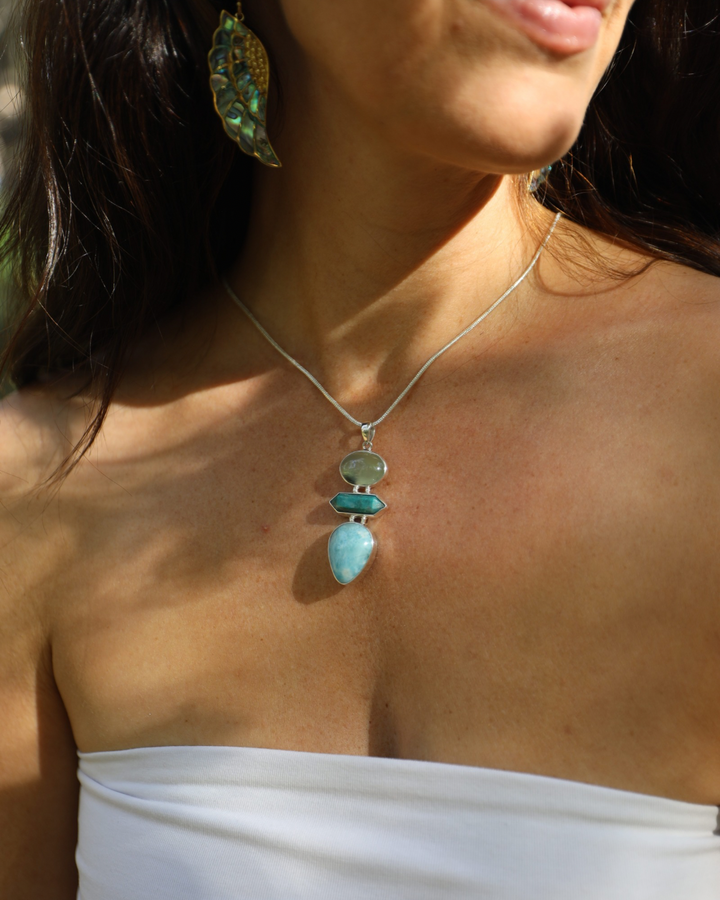 Larimar, Amazonite & Prehnite Silver Pendant