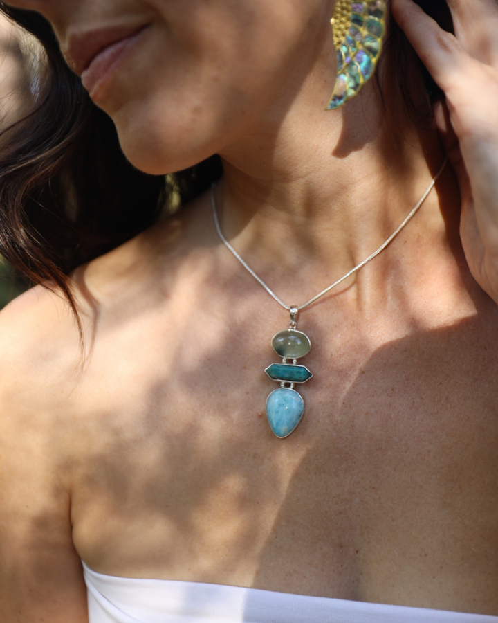 Larimar, Amazonite & Prehnite Silver Pendant