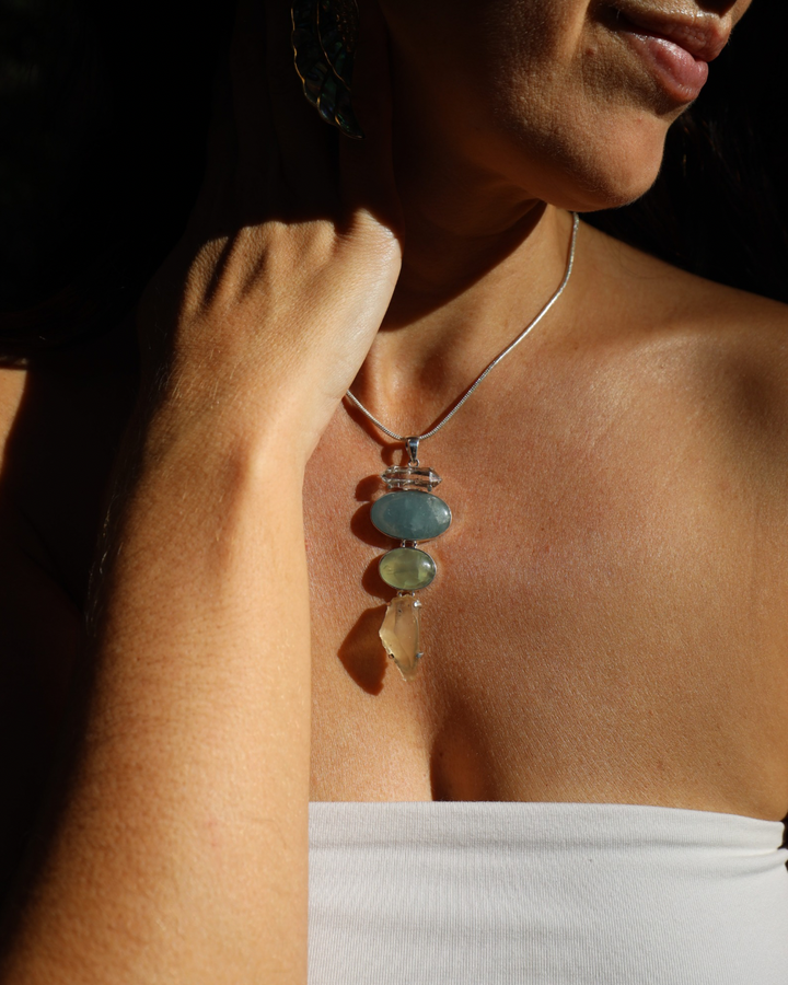 Libyan Desert Glass, Prehnite, Aquamarine & Herkimer Diamond Silver Pendant